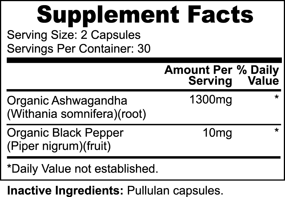 Organic Ashwagandha Root Powder Capsules 1300mg with Black Pepper